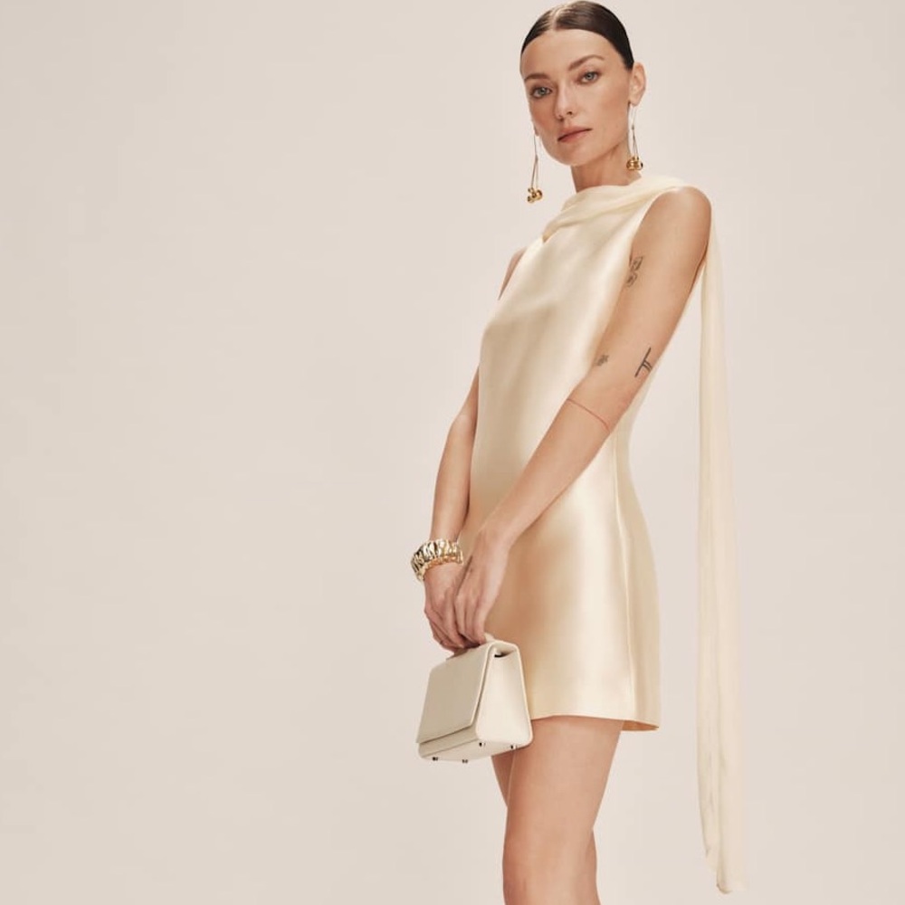 NWOT Reformation Ecru Satin Mini Dress with Drape Scarf - Picture 9 of 13